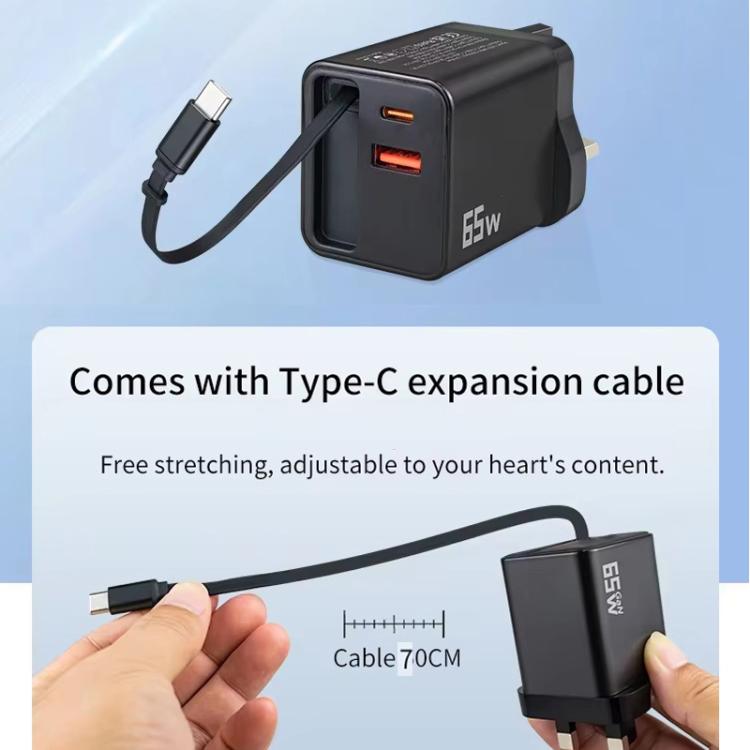 FC1 3-in-1 70cm Retractable Type-C Cable, PD3.0, QC3.0 USB Phone Charger, UK Plug, UK Plug
