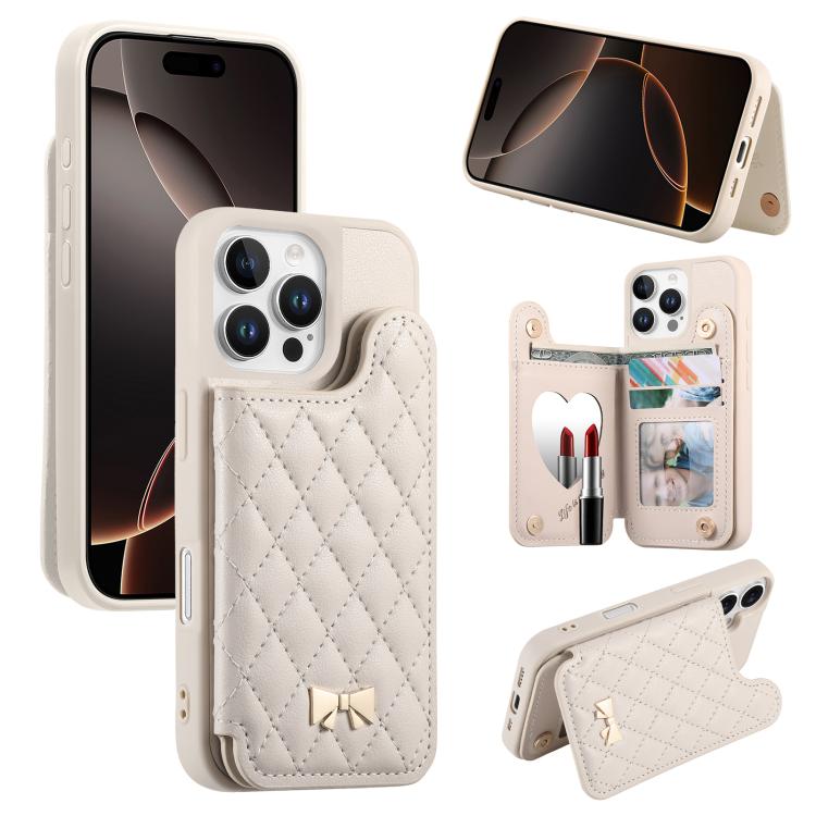 Mirror Rhombic Texture Metal Bow-knot Vegan Leather Card Bag Phone Case, For iPhone 17 Pro Max, For iPhone 17 Pro, For iPhone 17, For iPhone 16 Pro Max, For iPhone 16 Pro, For iPhone 16 Plus, For iPhone 16