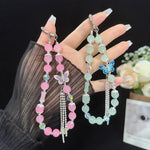 Pearl and Butterfly Drill Cotton Bracelet, Pink, Green