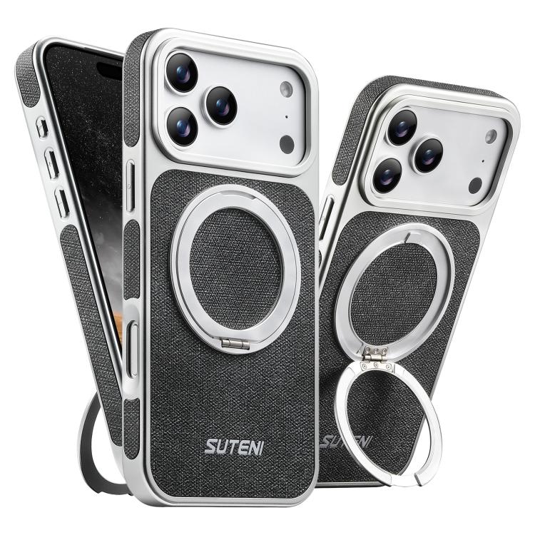 Suteni G6 Denim Pattern Electroplated 360 Rotation Holder Magnetic Phone Case, For iPhone 17 Pro Max, For iPhone 17 Pro, For iPhone 17, For iPhone 16 Pro Max, For iPhone 16 Pro, For iPhone 16, For iPhone 15 Pro Max, For iPhone 15 Pro, For iPhone 15    ...