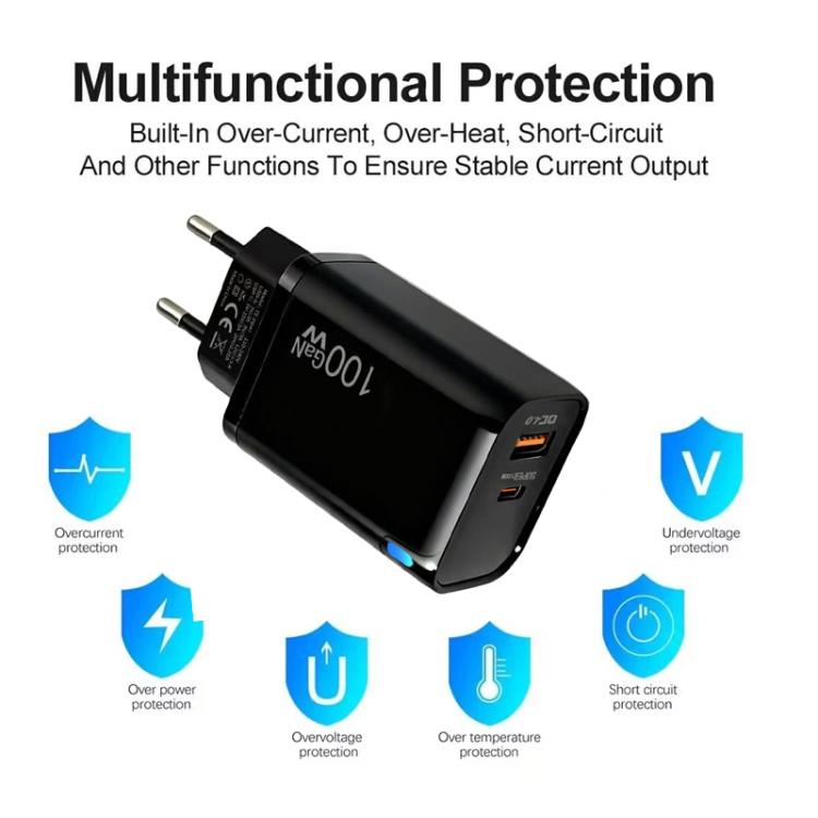 PD47 100W GaN PD Type-C, QC3.0 USB Fully Compatible Protocol Charger, EU Plug, EU Plug