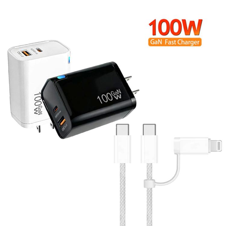 PD47 100W GaN PD Type-C + QC3.0 USB Charger with Type-C to Type-C / 8-Pin Data Cable, US Plug, US Plug