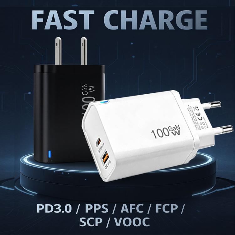 PD47 100W GaN PD Type-C + QC3.0 USB Charger with Type-C to Type-C / 8-Pin Data Cable, US Plug, US Plug