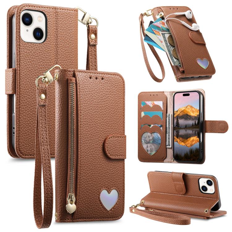 Fantasy Love Heart Zipper Wallet Vegan Leather Phone Case with Strap, For iPhone 13