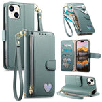 Fantasy Love Heart Zipper Wallet Vegan Leather Phone Case with Strap, For iPhone 13