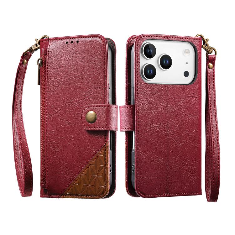 Splicing Zipper Wallet Vegan Leather Phone Case with Strap, For iPhone 17 Pro Max, For iPhone 17 Pro, For iPhone 17, For iPhone Air, For iPhone 16 Pro Max, For iPhone 16 Pro, For iPhone 16 Plus, For iPhone 16