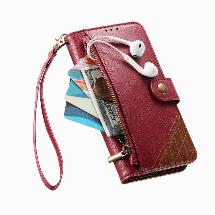 Splicing Zipper Wallet Vegan Leather Phone Case with Strap, For iPhone 15 Pro Max, For iPhone 15 Pro, For iPhone 15 Plus, For iPhone 15