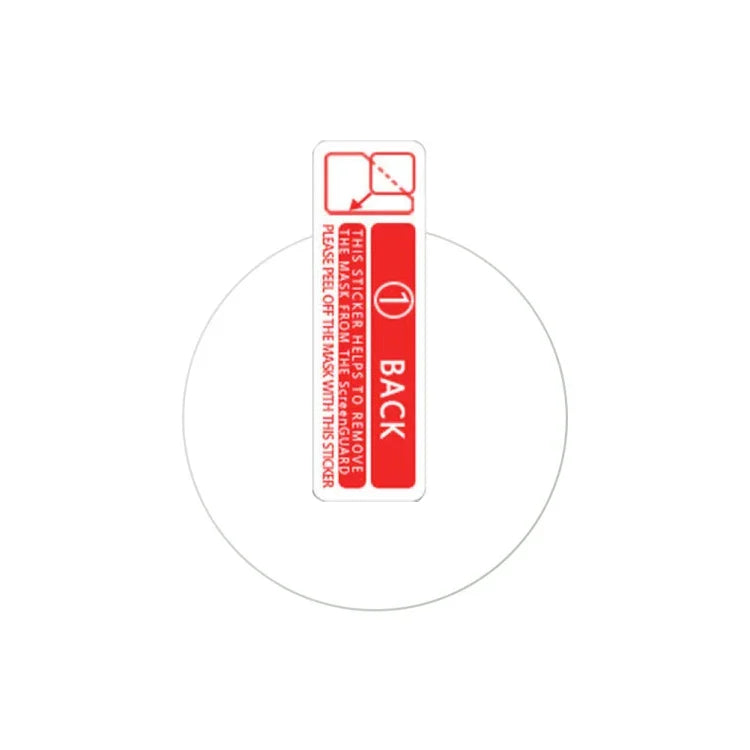 Sticker with instructions for removing protective film from tempered glass screen protector for smartwatches.