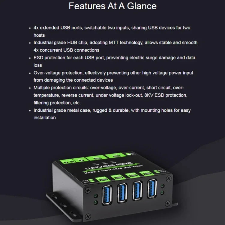 Waveshare 23929 USB HUB, Extending 4 X USB 3.2 Ports, Switchable Dual Hosts, Multi Protections, 23929