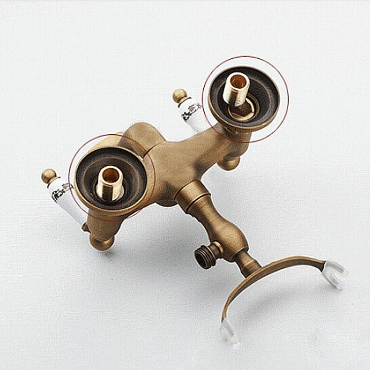 Antique Brass Wall Mounted Bathroom Tub Faucet Dual Ceramics Handles Telephone Style Hand Shower, Blue and White Telephone Shower, Telephone Shower + Fixed Seat, Telephone Shower + Blue and White Fixed Seat