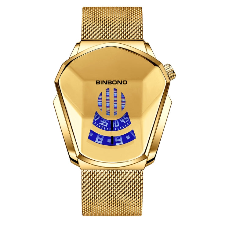 BINBOND Locomotive Concept Watch Men Live Black Technology Watch, Gold Net Belt Full Gold Blue Face, Gold Net Belt Full Gold Gold Face, Black Net Belt Black Steel Blue Face, Black Net Belt Black Steel White Face, White Net Belt White Steel Blue Face
