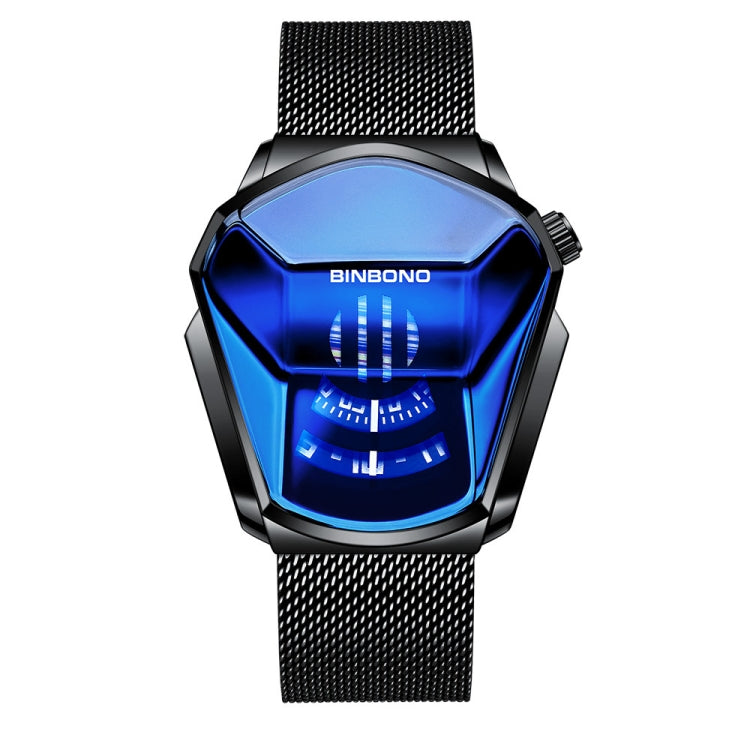 BINBOND Locomotive Concept Watch Men Live Black Technology Watch, Gold Net Belt Full Gold Blue Face, Gold Net Belt Full Gold Gold Face, Black Net Belt Black Steel Blue Face, Black Net Belt Black Steel White Face, White Net Belt White Steel Blue Face
