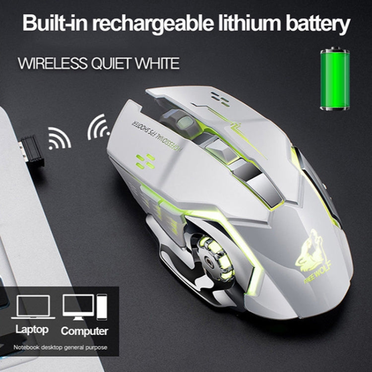 FREEDOM-WOLF X8 2400 DPI 6 Keys 2.4G Wireless Charging Silent Luminous Gaming Mechanical Mouse, X8 Metal Grey, X8 Star Black