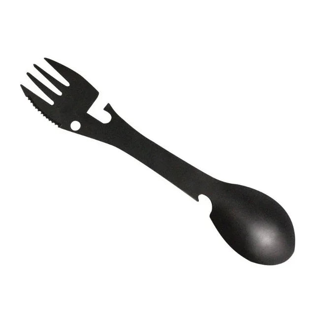 2 PCS  5 in 1 Multi-functional Outdoor Tools Stainless Steel Camping Survival EDC Kit Practical Fork Knife Spoon Bottle/Can Opener