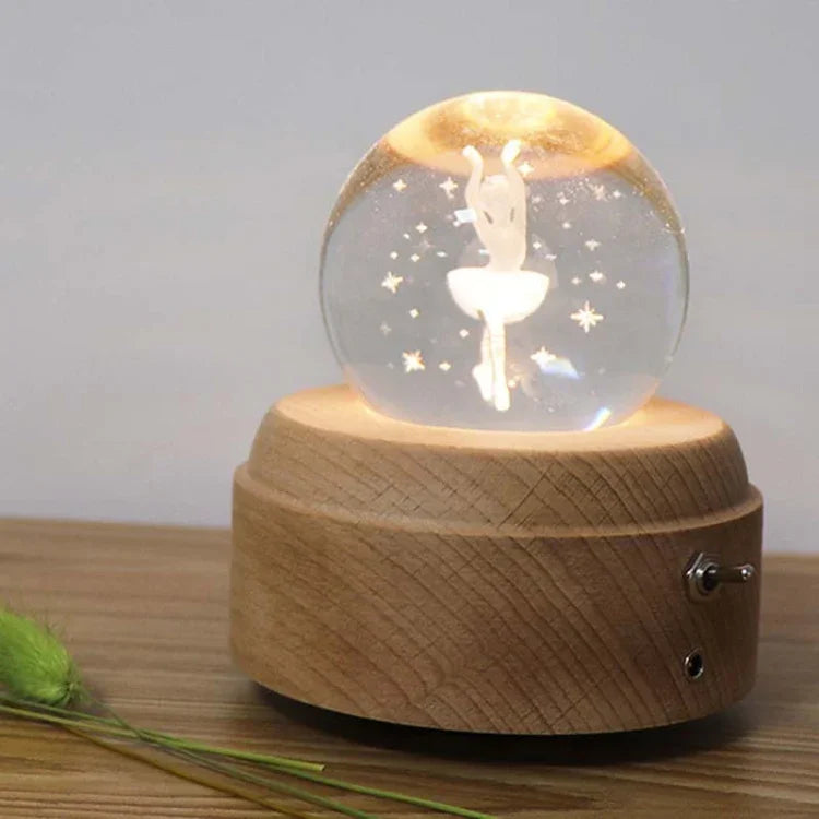 Girl Bedside Lamp Crystal Ball Wooden Base Music Box Charging Glow Rotating Night Light, Random Music, Ballet, Castle, Unicorn, Flying Pig, Dogs, Drawing Girl, Whale, Deer, Deer Head, Cat, Mermaid, Dandelion, Balloon Bear, Christmas Tree, Double Pig