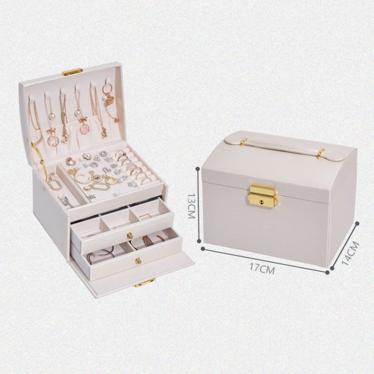 Three-Layer Leather Drawer Type Jewelry Storage Box Earrings Box With Lock, Three-Layer (Navy Blue), Three-Layer (Creamy White), Three-Layer (Dark Green)