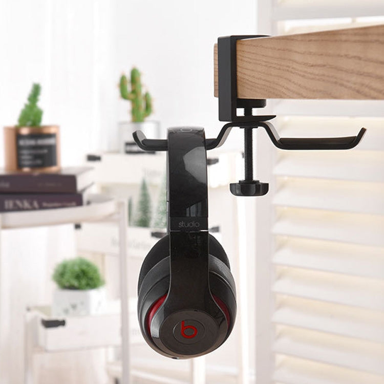 Universal Metal Headphone Double Bracket Headphone Hanger Desktop Lock Clip Headphone Display Shelf, Black, Silver