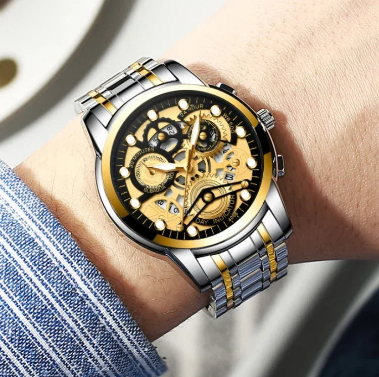 FNGEEN 4088 Men Hollow Quartz Watch Student Waterproof Luminous Watch, Full Gold Gold Surface, Full Gold Black Surface, Black Steel Black Surface White Nails, Black Steel Black Surface Gold Nails, Gold And Gold Surface, Gold Black Surface              ...