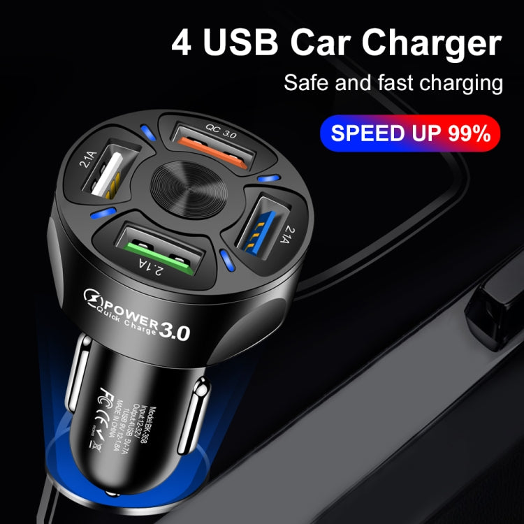 BK-358 3A QC3.0 4USB Car Charger One For Four Mobile Phone Car Charger, Black, White
