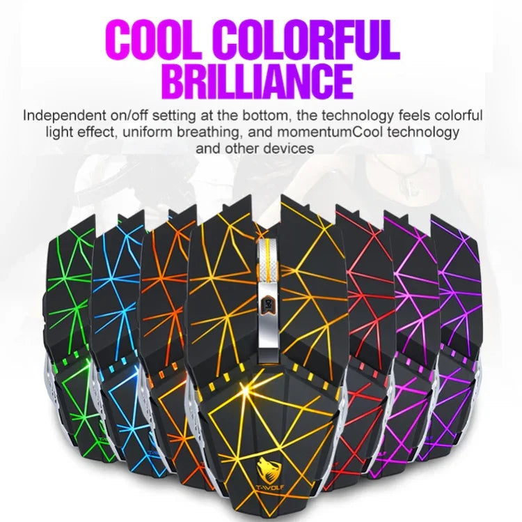 T-WOLF Q15 6-Buttons 1600 DPI Wireless Rechargeable Mute Office Gaming Mouse with 7 Color Breathing Light, Technology Black, Stars Black, Pearl White