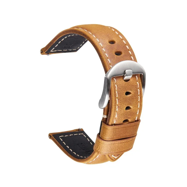Smart Quick Release Crazy Horse Leather Watch Strap in Light Brown with Silver Buckle, Suitable for Various Watches.