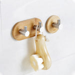 2 PCS Stainless Steel Bamboo Double Row Hook Kitchen Bathroom Door Adhesive Solid Wood Hook, Adhesive Wood Hook