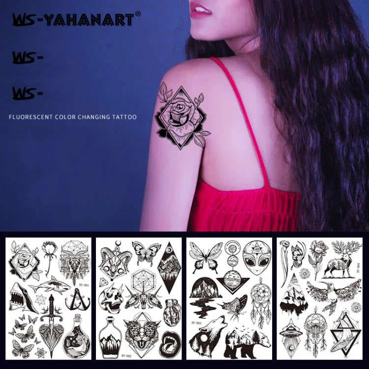 10 PCS Dark Fluorescent Color Changing Animal Luminous Flower Arm Waterproof Adult Tattoo Stickers, BY-001, BY-002, BY-003, BY-004, BY-005, BY-006, BY-007, BY-008