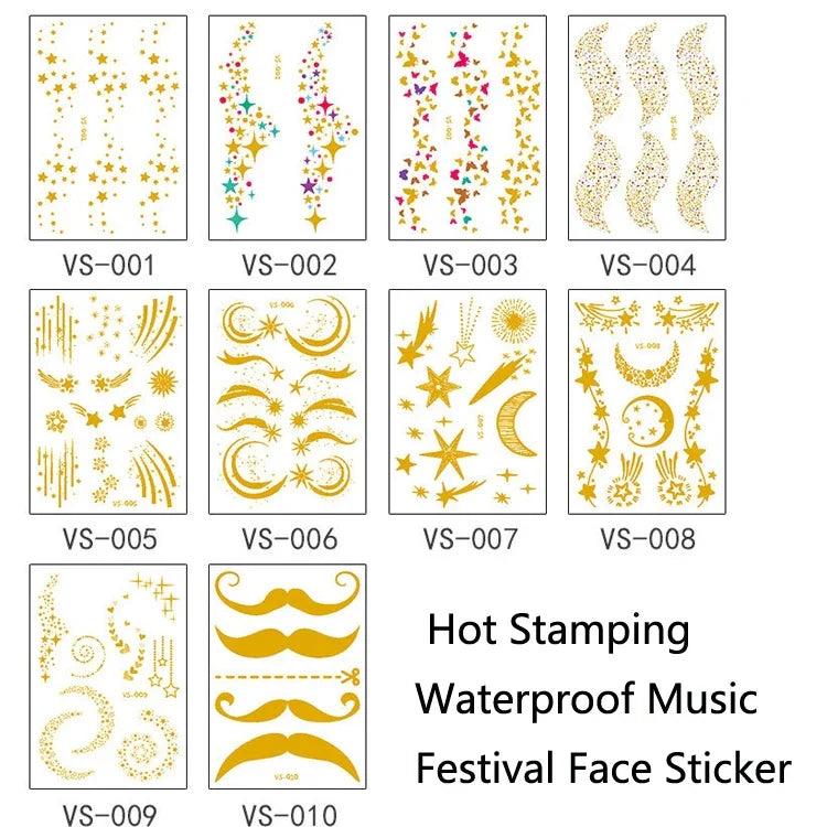 10 PCS Hot Stamping Waterproof Music Festival Face Tattoo Sticker, VS-001, VS-002, VS-003, VS-004, VS-005, VS-006, VS-007, VS-008, VS-009, VS-010