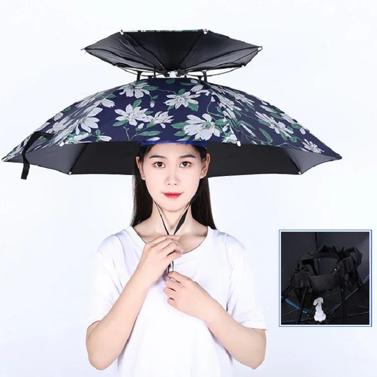 Double-layer Fishing Umbrella Hat Outdoor Sunscreen And Rainproof Folding Umbrella Hat, 95 Blue (Elastic Band), 95 Silver (Elastic Band), 95 Blue (Rubber Sleeve), 95 Silver (Rubber Sleeve), 80 Blue, 80 Camellia, 95 Blue Vinyl (Rubber Sleeve)