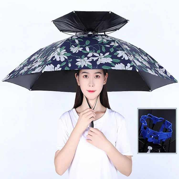 Double-layer Fishing Umbrella Hat Outdoor Sunscreen And Rainproof Folding Umbrella Hat, 95 Blue (Elastic Band), 95 Silver (Elastic Band), 95 Blue (Rubber Sleeve), 95 Silver (Rubber Sleeve), 80 Blue, 80 Camellia, 95 Blue Vinyl (Rubber Sleeve)