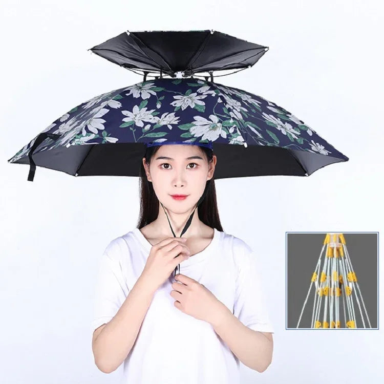 Double-layer Fishing Umbrella Hat Outdoor Sunscreen And Rainproof Folding Umbrella Hat, 95 Blue (Elastic Band), 95 Silver (Elastic Band), 95 Blue (Rubber Sleeve), 95 Silver (Rubber Sleeve), 80 Blue, 80 Camellia, 95 Blue Vinyl (Rubber Sleeve)