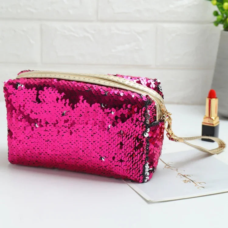 Travel Portable Sequined Anise Cosmetics Tote Storage Bag, Red, Black, Pink, Rose Red, Royal Blue, Gold, Rose Gold