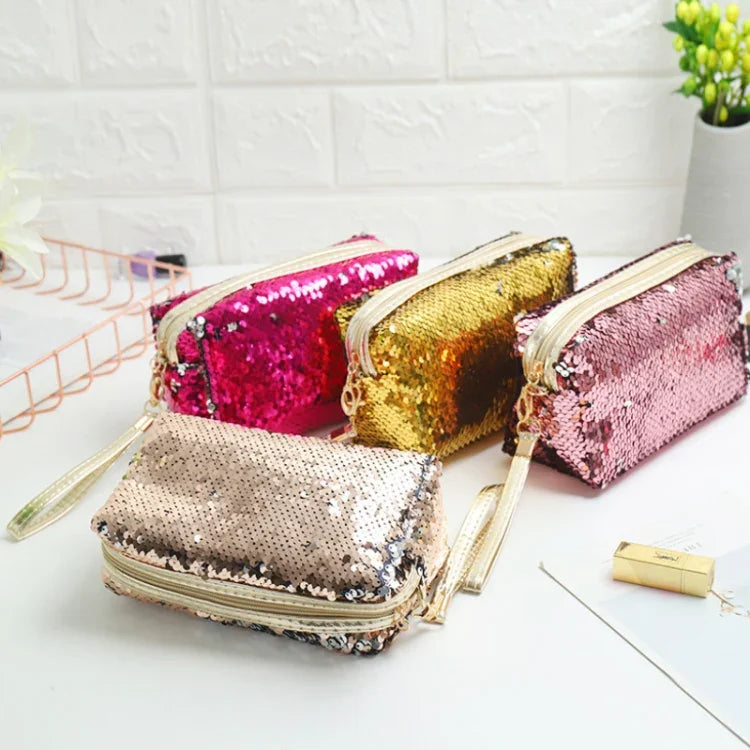 Travel Portable Sequined Anise Cosmetics Tote Storage Bag, Red, Black, Pink, Rose Red, Royal Blue, Gold, Rose Gold
