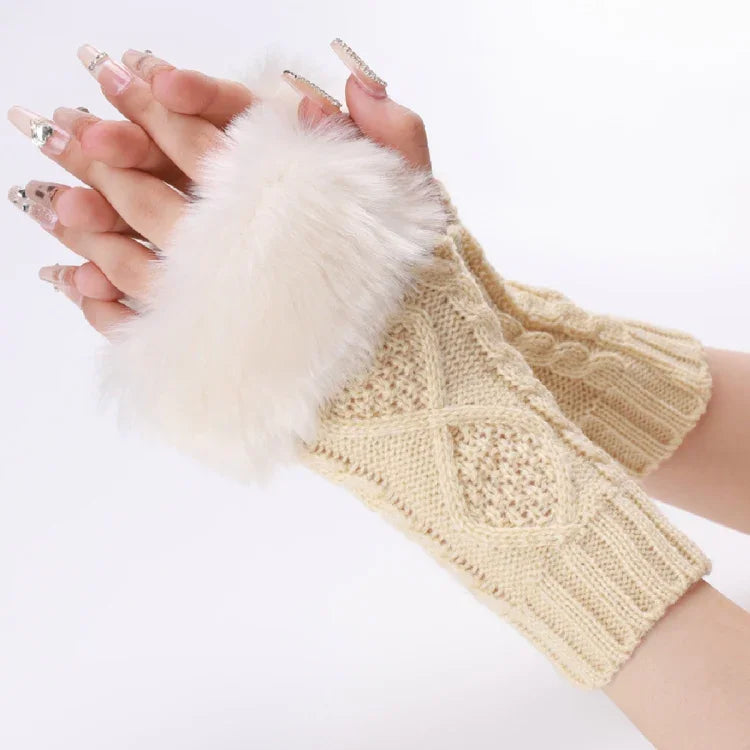 Ladies Short Type Furry Gloves Diamond Knit Warm Fingerless Arm Sleeves, Beige, Dark Gray, Light Grey, White, Black, Wine Red, Tibetan, Coffee, Khaki