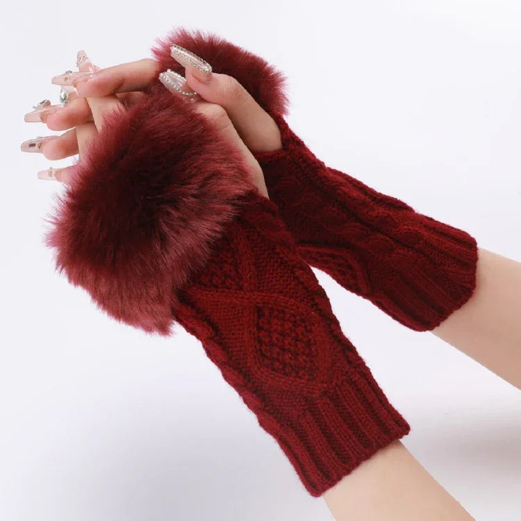 Ladies Short Type Furry Gloves Diamond Knit Warm Fingerless Arm Sleeves, Beige, Dark Gray, Light Grey, White, Black, Wine Red, Tibetan, Coffee, Khaki