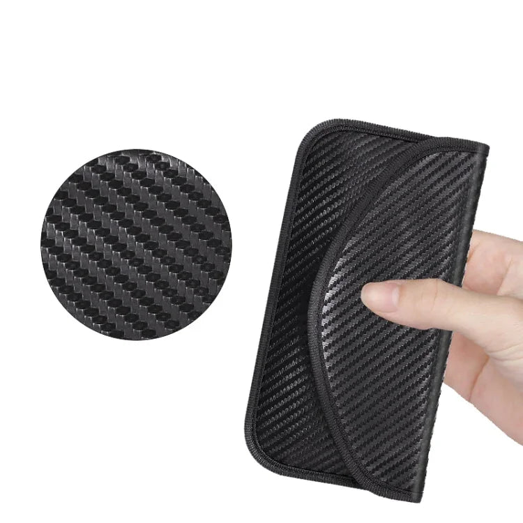 RFID anti-radiation phone bag made of carbon fiber with textured design, demonstrating durability and signal shielding.