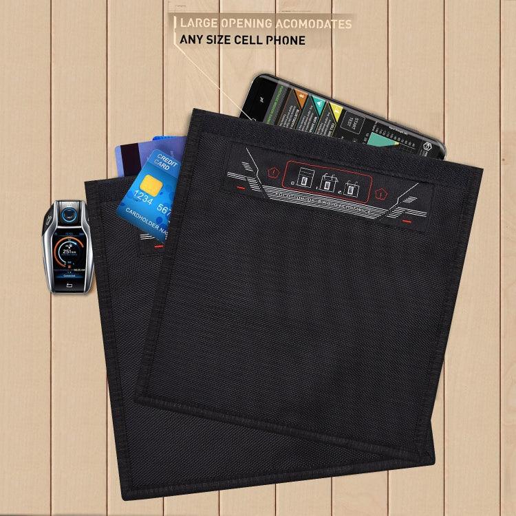 RFID privacy protection bag displayed with various items like a phone and credit cards, showcasing large opening for easy access.