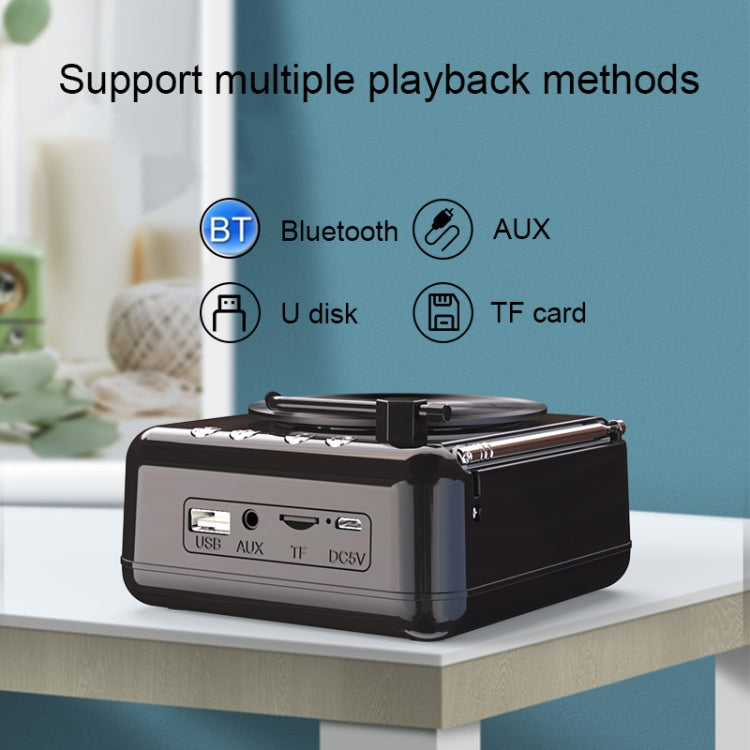 H3 Retro Vinyl Record Player Shape Mini Bluetooth Speaker, Black, White, Wood Grain