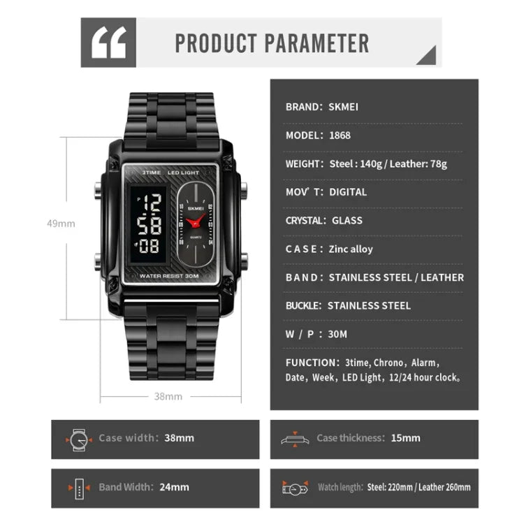 SKMEI 1868 Square Double Display Waterproof Men Watch, Style:, Steel Belt (Black), Leather Belt (Black), Steel Belt (Rose Gold), Leather Belt (Rose Gold), Steel Belt (Gold), Leather Belt (Gold), Steel Belt (Silver), Leather Belt (Silver)