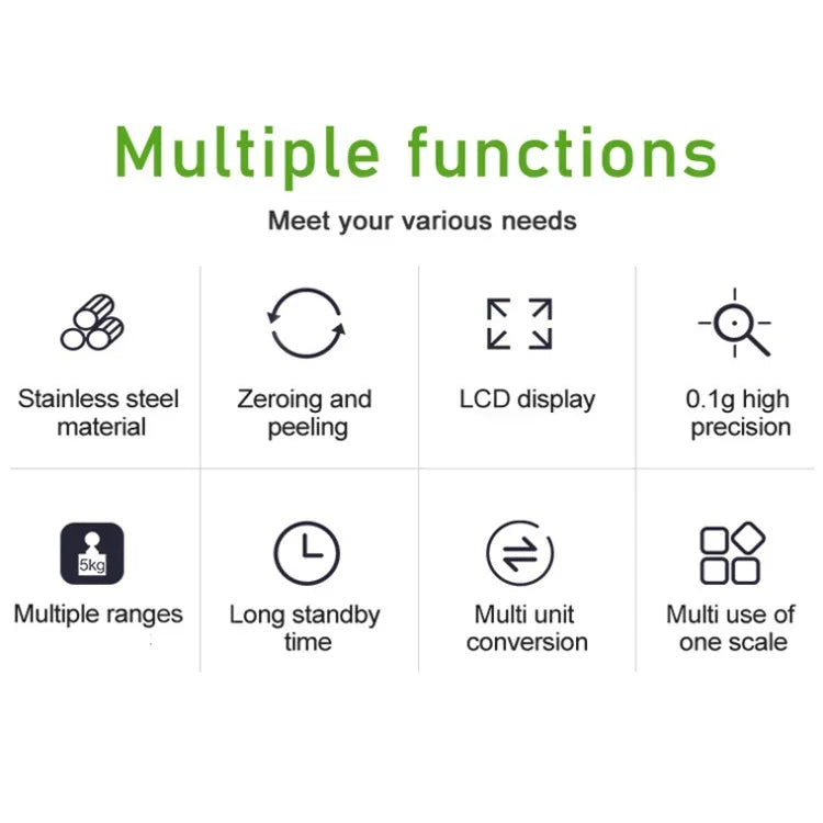 Small Multifunctional Kitchen High Precision Electronic Scale LCD Digital Display Food Scale, 3kg/ 0.1g, 5kg/ 0.1g, 10kg/ 1g