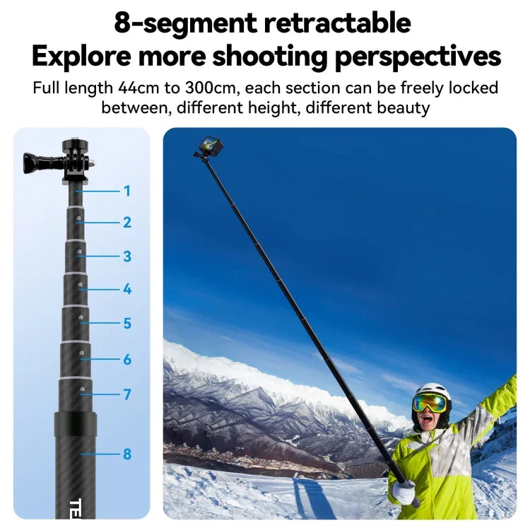 TELESIN 3M Carbon Fiber Selfie Stick Monopod  With 1/4 Screw For Action Camera, 3m