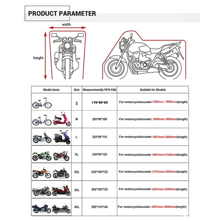 190T Motorcycle Rain Covers Dustproof Rain UV Resistant Dust Prevention Covers, M, L, XL, XXL, XXXL, XXXXL