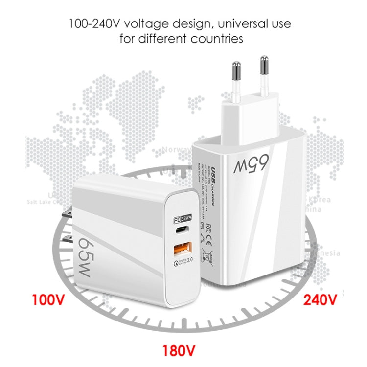 A502 65W USB-C/Type-C+USB Dual Port GaN Charger QC3.0 Laptop Universal Charger, EU Plug Black, EU Plug White, US Plug Black, US Plug White, UK Plug Black, UK Plug White