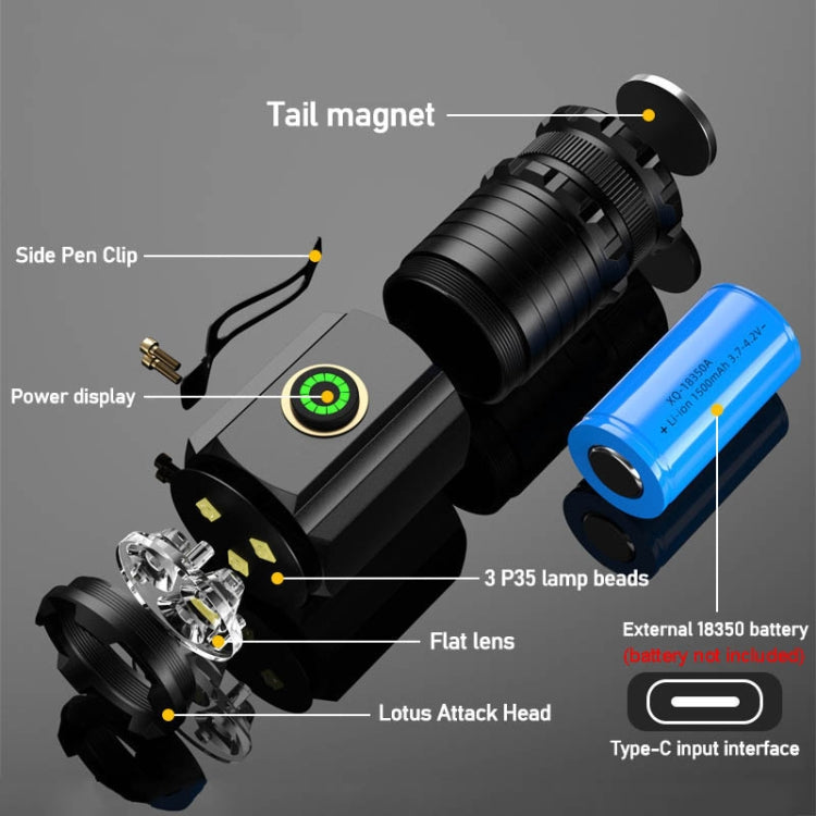 3 LED Mini Flashlight Rechargeable Waterproof 2000LM Super Bright Torch, Tail No Magnet, Tail Magnet
