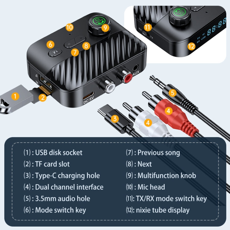 Digital Display Bluetooth 5.3 Audio Receiver Transmitter Support USB /TF Card MP3 Player, C68