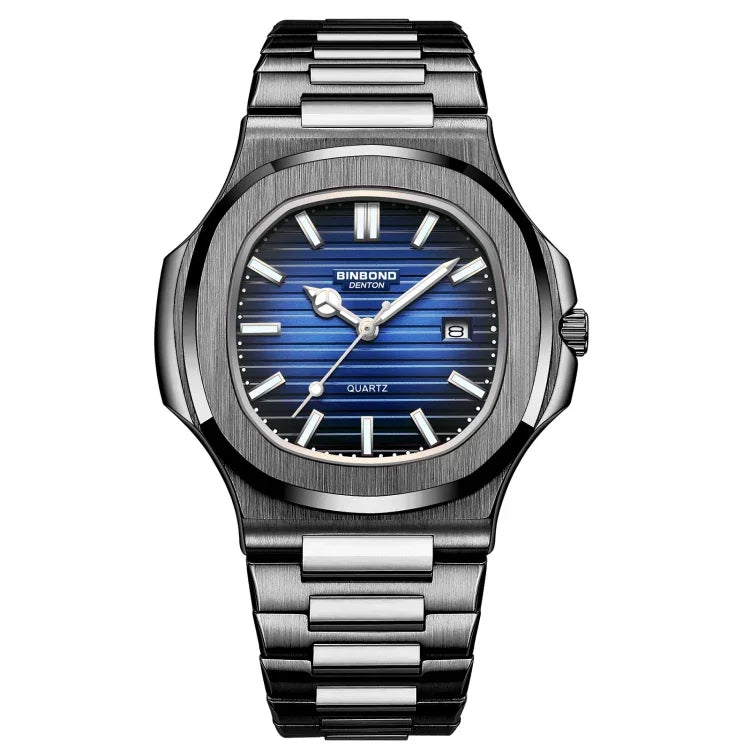 BINBOND B1885 30m Waterproof Retro Luminous Square Men Quartz Watch, Black Steel-Blue-White