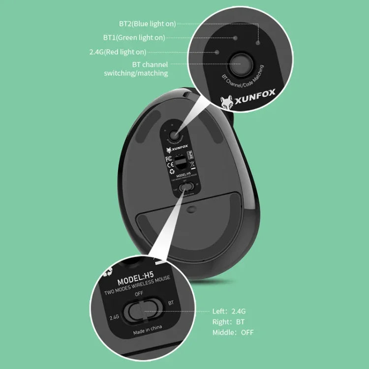 XUNSVFOX H5 Upright Vertical Dual Mode Mouse Rechargeable Wireless Business Office Mouse