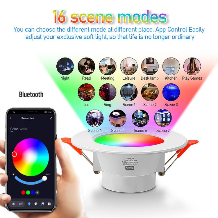 Tuya Bluetooth Smart Ceiling Lamp Round Recessed RGBCW Color Changing Dimmable Ceiling Light, Tuya Bluetooth 10W 85-265V
