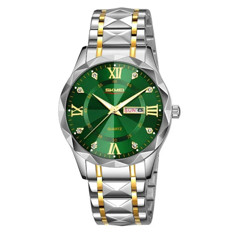 SKMEI Business Casual Watches Diamond Case Luminous Waterproof Quartz Watch, Men Silver Gold Strap Silver Dial, Men Silver Gold Strap Green Dial, Men Silver Gold Strap Black Dial, Men Silver Case Silver Dial, Men Silver Case Gray Dial                  ...