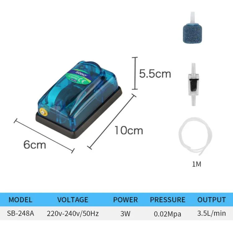 220-240V Transparent Ultra-Quiet Aquarium Air Pump, SOBO SB-248A 3W Single-hole, SOBO SB-348A 5W Double-hole